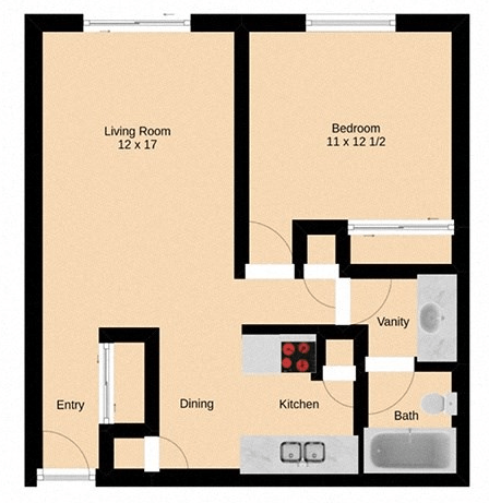 Floor plan for 1 bed, 1 bath, 700 sqft
