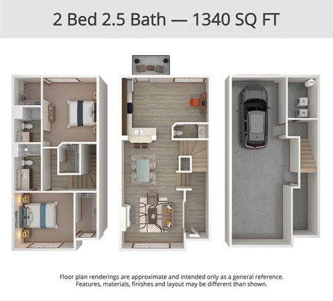 Floor plan for 2 beds, 2.5 baths, 1340 sqft