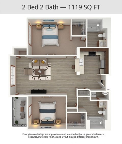 Floor plan for 2 beds, 2 baths, 1119 sqft