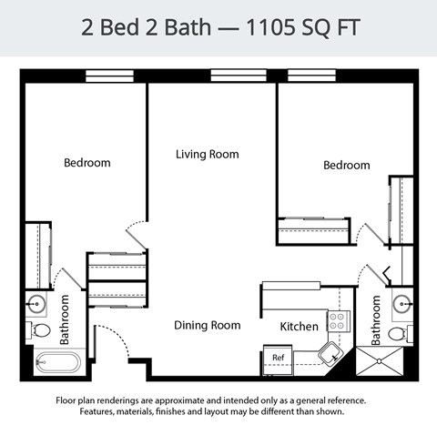 Floor plan for 2 beds, 2 baths, 1105 sqft