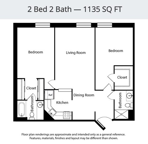 Floor plan for 2 beds, 2 baths, 1135 sqft