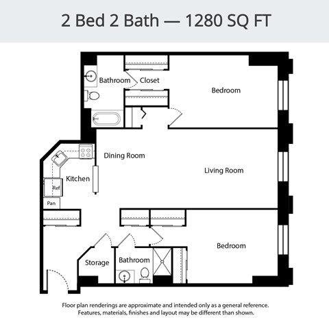 Floor plan for 2 beds, 2 baths, 1280 sqft