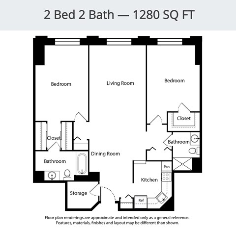 Floor plan for 2 beds, 2 baths, 1280 sqft
