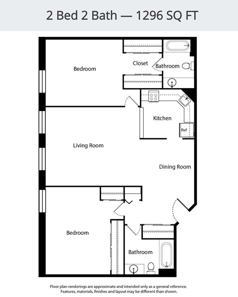 Floor plan for 2 beds, 2 baths, 1296 sqft