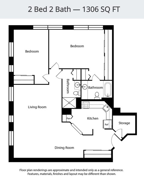 Floor plan for 2 beds, 2 baths, 1306 sqft