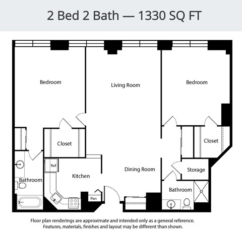 Floor plan for 2 beds, 2 baths, 1330 sqft