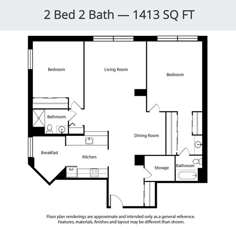 Floor plan for 2 beds, 2 baths, 1413 sqft