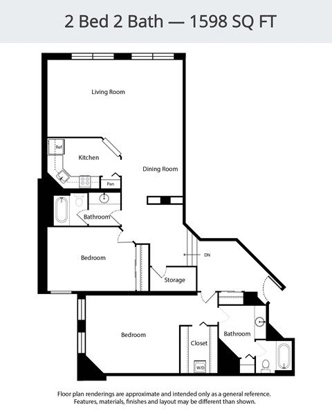 Floor plan for 2 beds, 2 baths, 1598 sqft