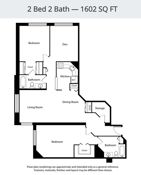 Floor plan for 2 beds, 2 baths, 1602 sqft