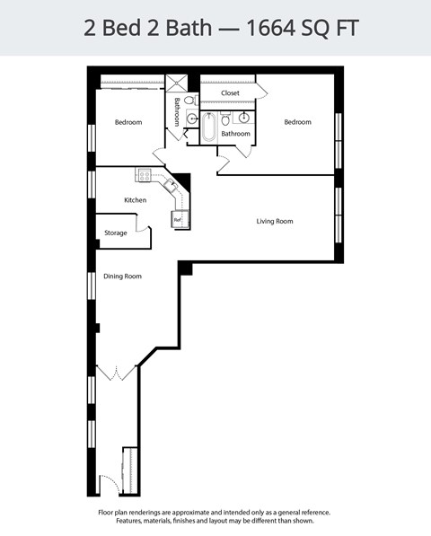Floor plan for 2 beds, 2 baths, 1664 sqft