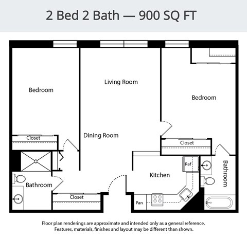 Floor plan for 2 beds, 2 baths, 900 sqft