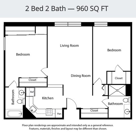 Floor plan for 2 beds, 2 baths, 960 sqft