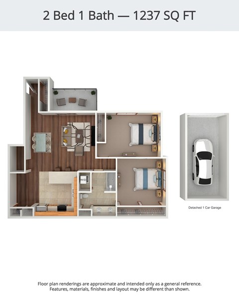 Floor plan for 2 beds, 1 bath, 1237 sqft
