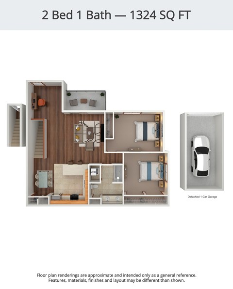 Floor plan for 2 beds, 1 bath, 1324 sqft