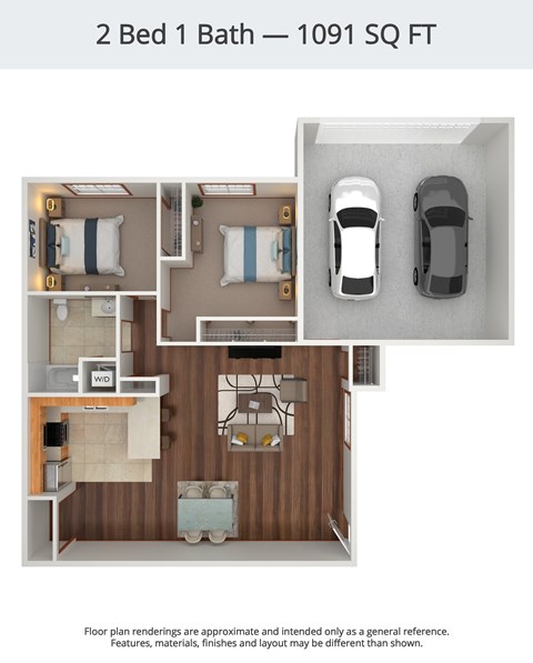 Floor plan for 2 beds, 1 bath, 1091 sqft