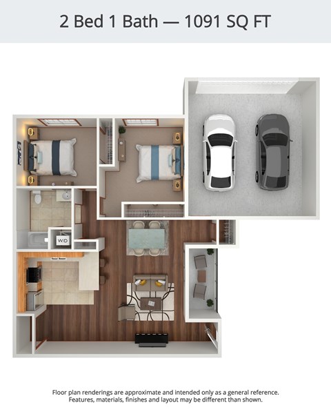 Floor plan for 2 beds, 1 bath, 1091 sqft