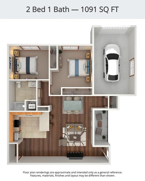 Floor plan for 2 beds, 1 bath, 1091 sqft