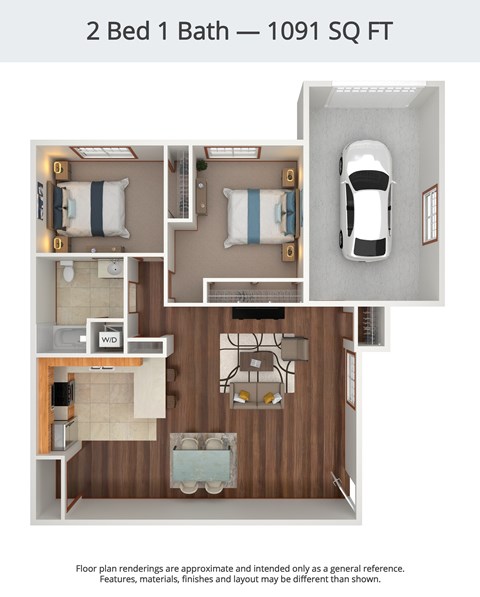 Floor plan for 2 beds, 1 bath, 1091 sqft