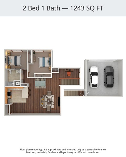 Floor plan for 2 beds, 1 bath, 1243 sqft
