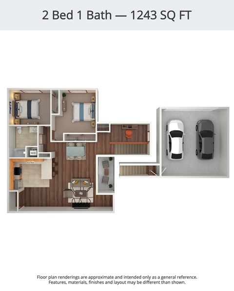 Floor plan for 2 beds, 1 bath, 1243 sqft