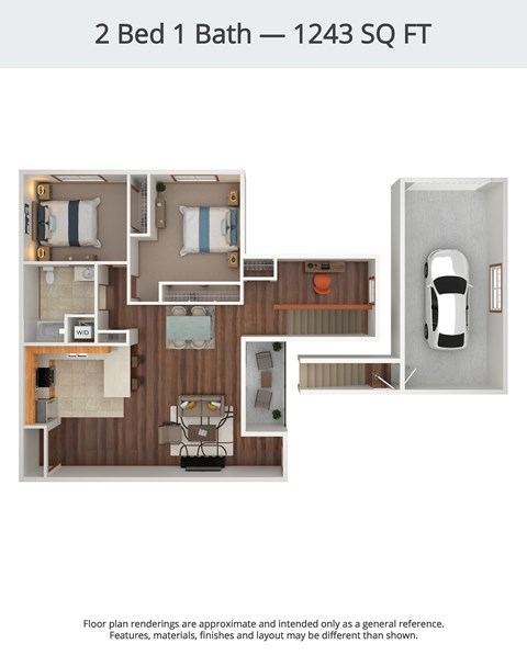 Floor plan for 2 beds, 1 bath, 1243 sqft