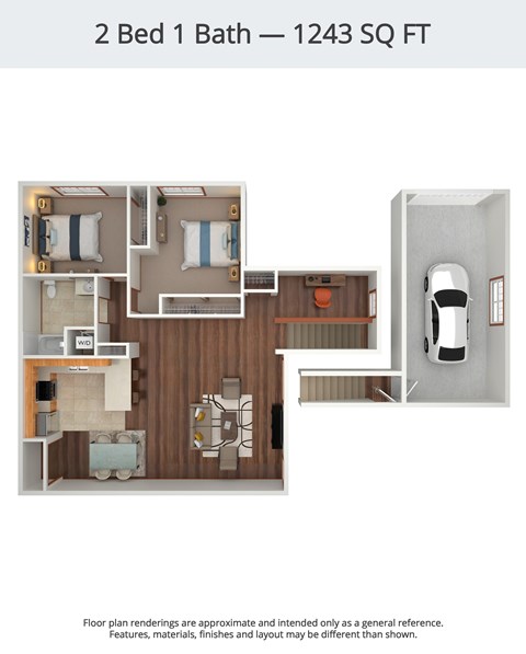 Floor plan for 2 beds, 1 bath, 1243 sqft