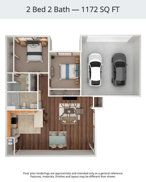 Floor plan for 2 beds, 2 baths, 1172 sqft