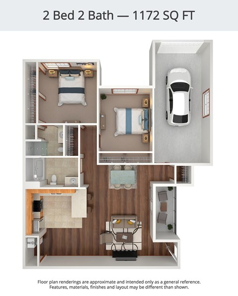 Floor plan for 2 beds, 2 baths, 1172 sqft