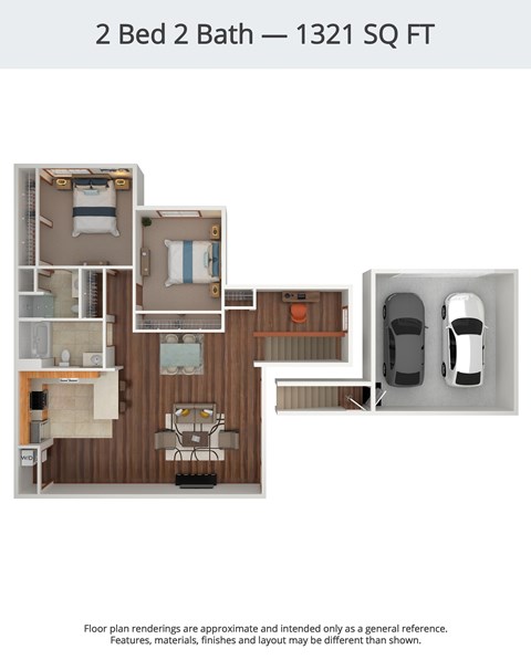 Floor plan for 2 beds, 2 baths, 1321 sqft
