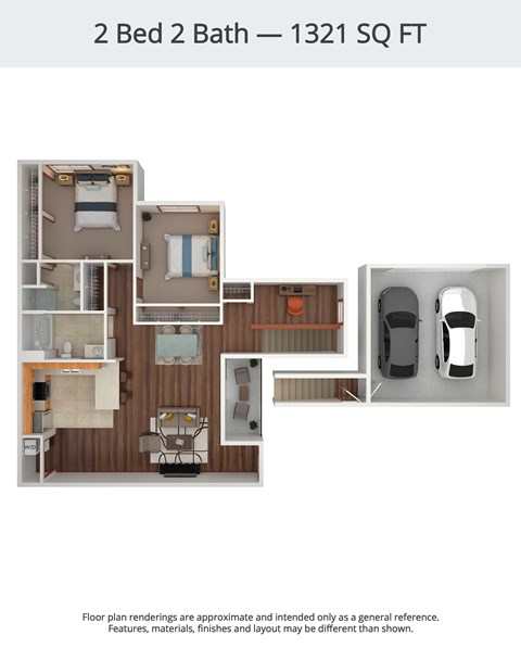 Floor plan for 2 beds, 2 baths, 1321 sqft