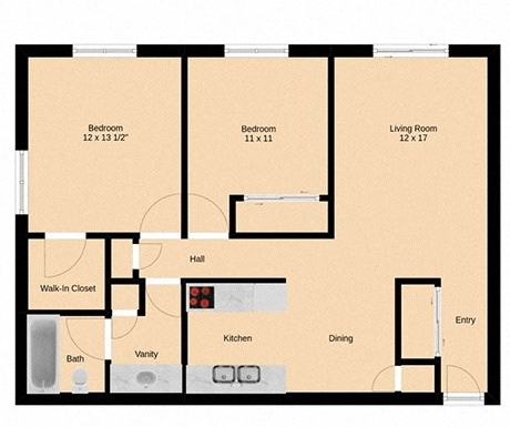 Floor plan for 2 beds, 1 bath, 980 sqft
