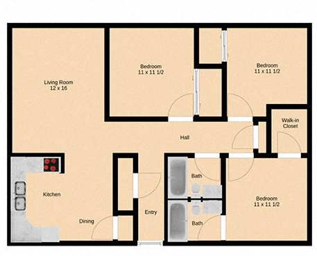 Floor plan for 3 beds, 2 baths, 1200 sqft
