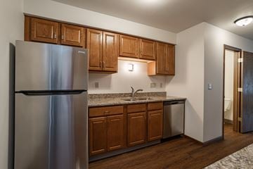 Stevens Point apartment for rent - a kitchen with a stainless steel refrigerator and wooden cabinets