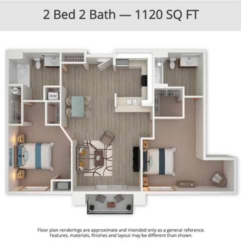 Floor plan for 2 beds, 2 baths, 1121 sqft