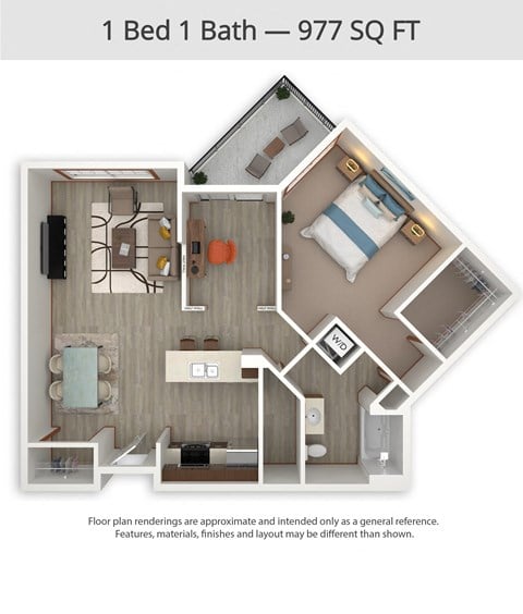 Floor plan for 1 bed, 1 bath, 977 sqft