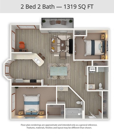 Floor plan for 2 beds, 2 baths, 1319 sqft