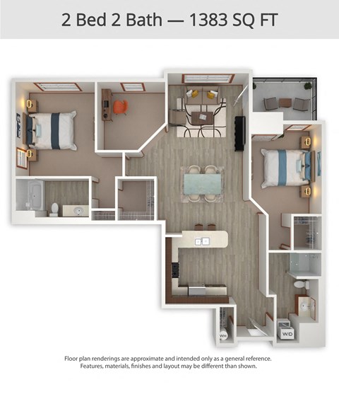 Floor plan for 2 beds, 2 baths, 1383 sqft