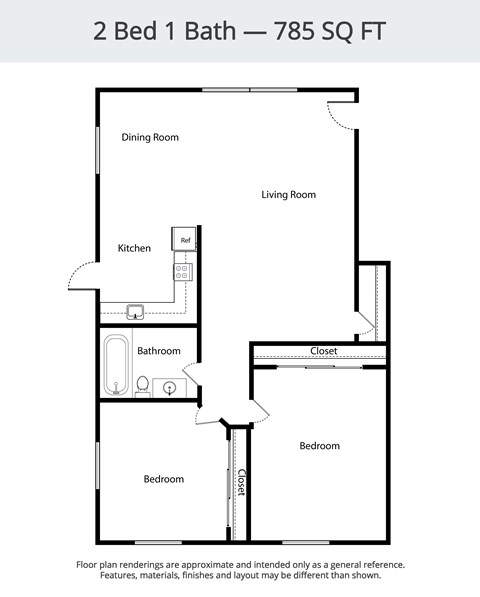Floor plan for 2 beds, 1 bath, 785 sqft