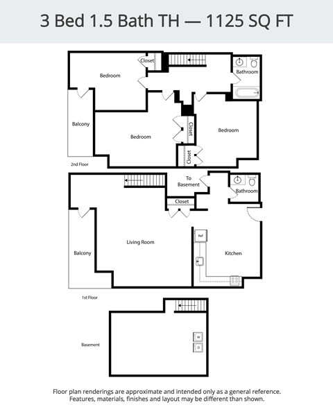 Floor plan for 3 beds, 1.5 baths, 1125 sqft