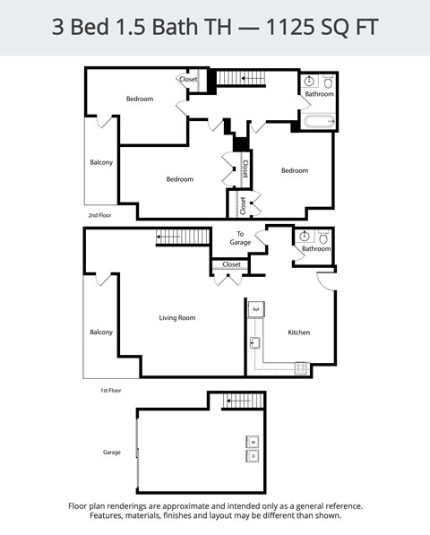 Floor plan for 3 beds, 1.5 baths, 1125 sqft
