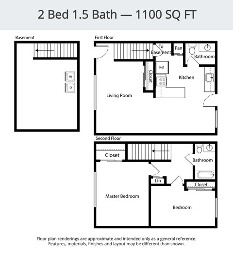 Floor plan for 2 beds, 1.5 baths, 1100 sqft