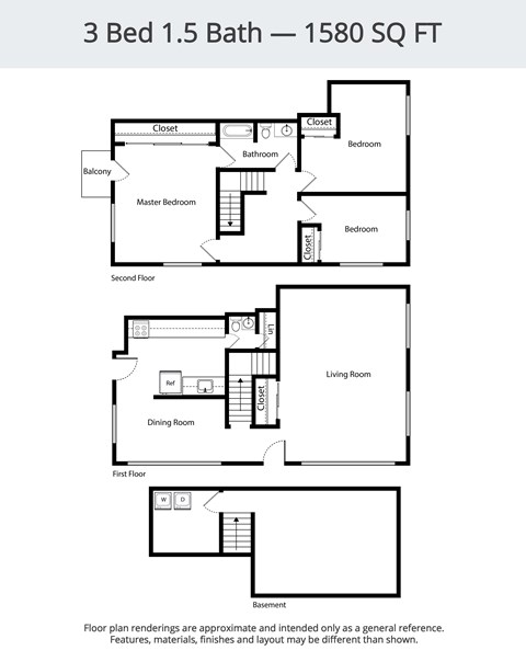 Floor plan for 3 beds, 1.5 baths, 1580 sqft