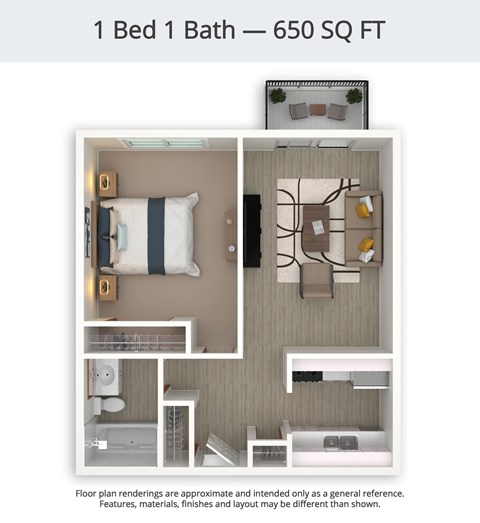 Floor plan for 1 bed, 1 bath, 650 sqft