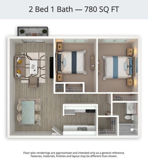 Floor plan for 2 beds, 1 bath, 780 sqft