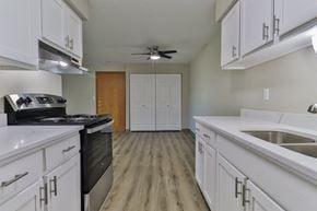 Appleton apartment for rent - an empty kitchen with white cabinets and a ceiling fan