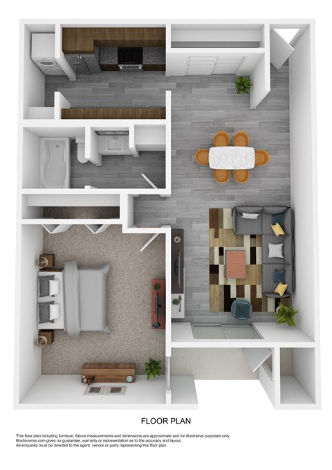 Floor plan for 1 bed, 1 bath, 728 sqft