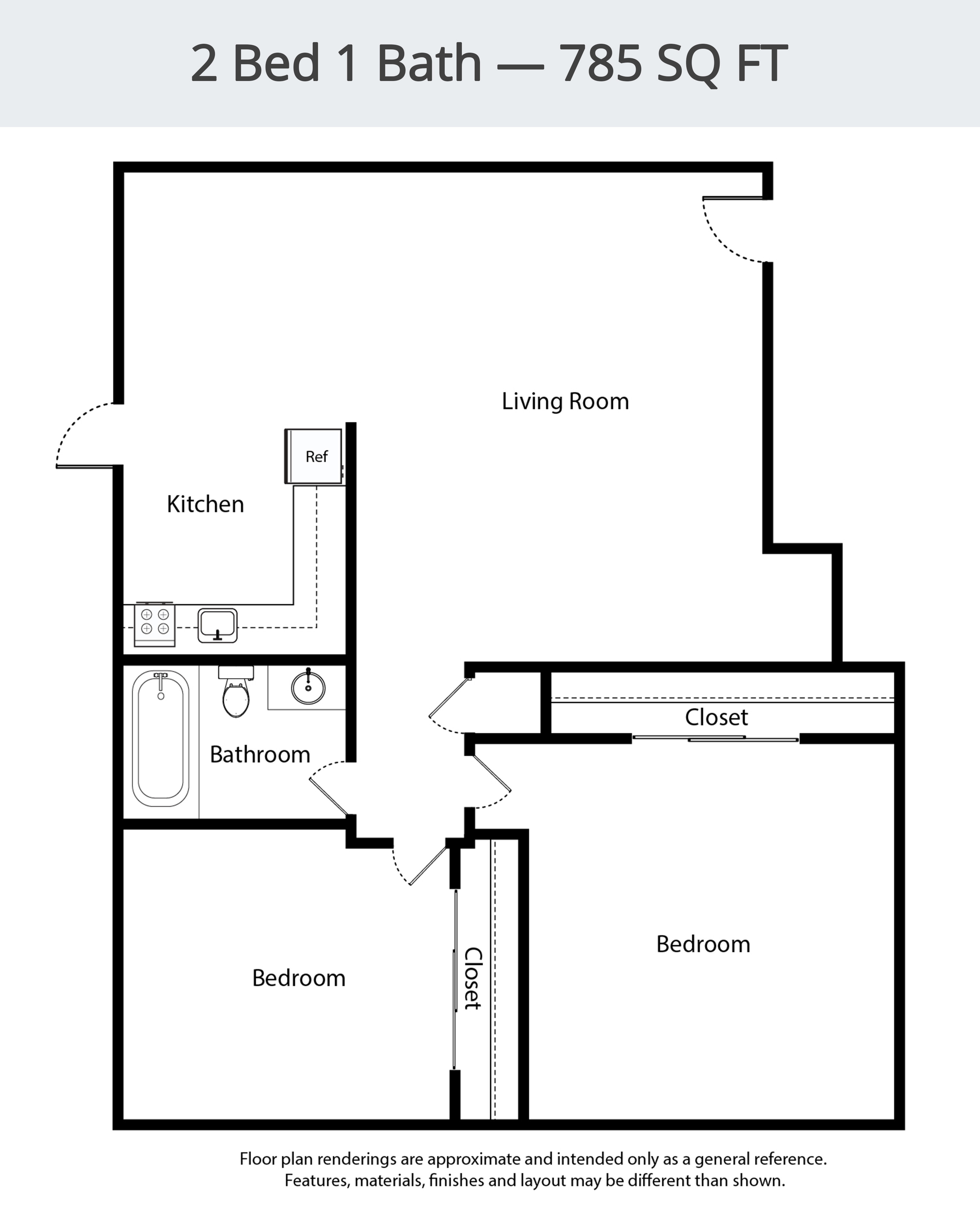 Floor plan for 2 beds, 1 bath, 785 sqft