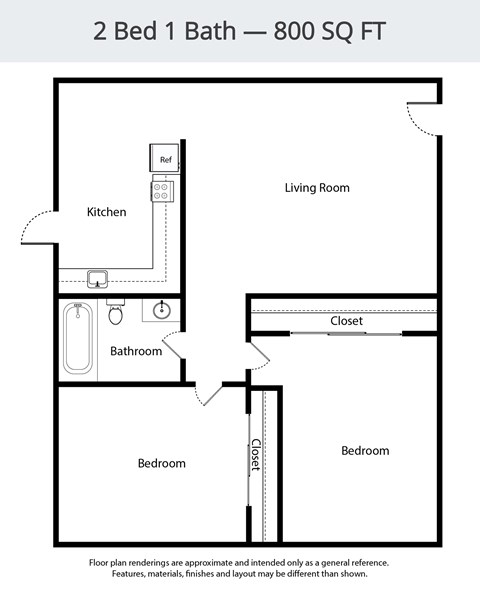 Floor plan for 2 beds, 1 bath, 800 sqft