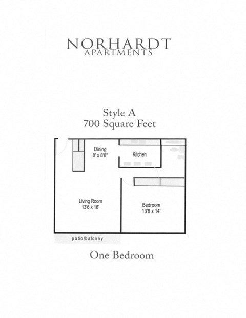 Floor plan for 1 bed, 1 bath, 700 sqft