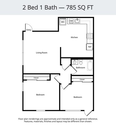 Floor plan for 2 beds, 1 bath, 785 sqft